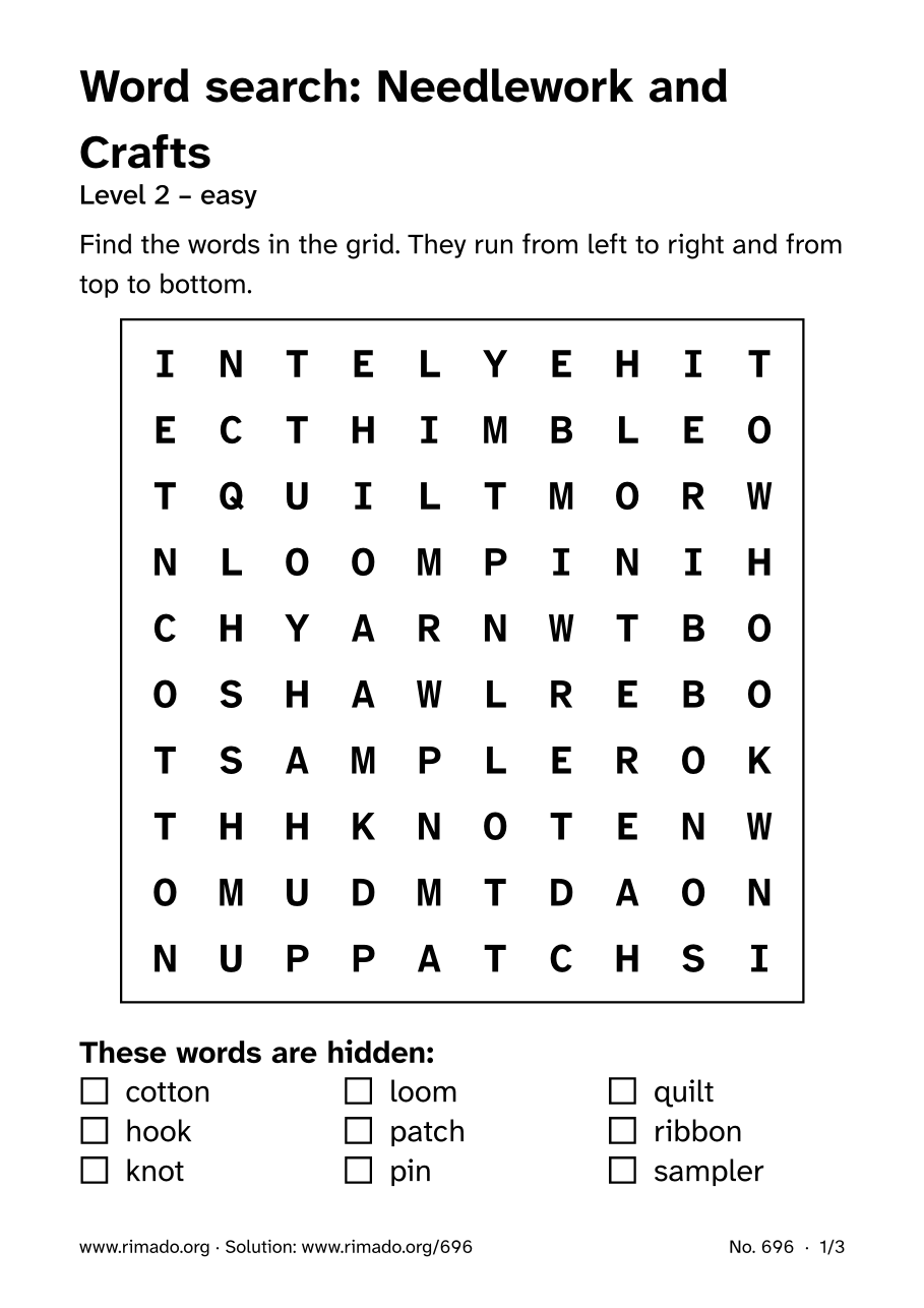 Preview of the printed page: Word search “Needlework and Crafts”, no. 696