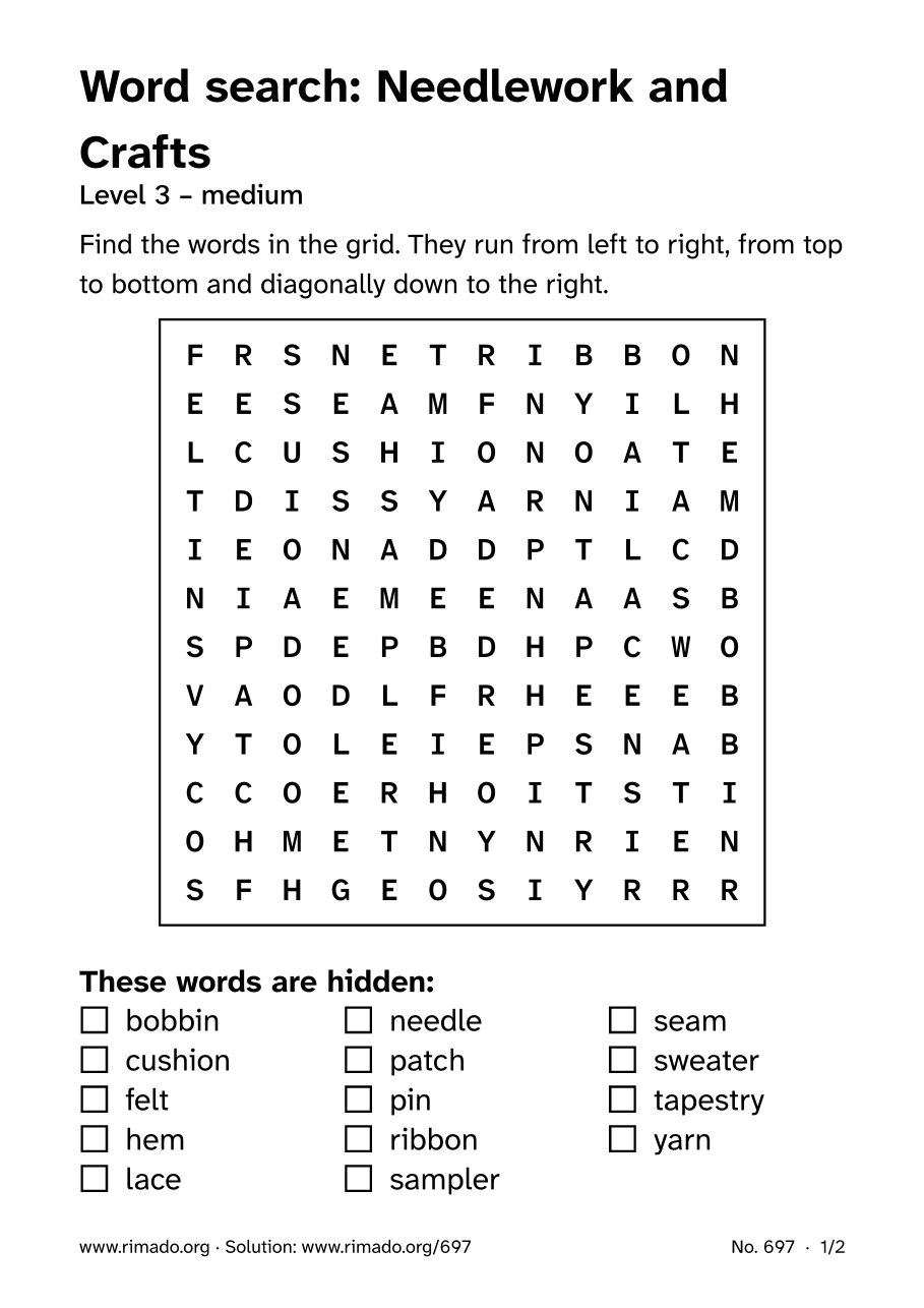 Preview of the printed page: Word search “Needlework and Crafts”, no. 697