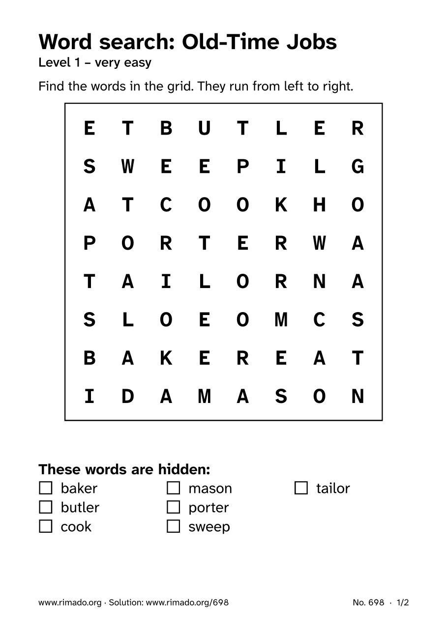 Preview of the printed page: Word search “Old-Time Jobs”, no. 698