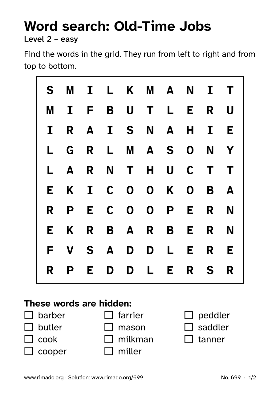 Preview of the printed page: Word search “Old-Time Jobs”, no. 699