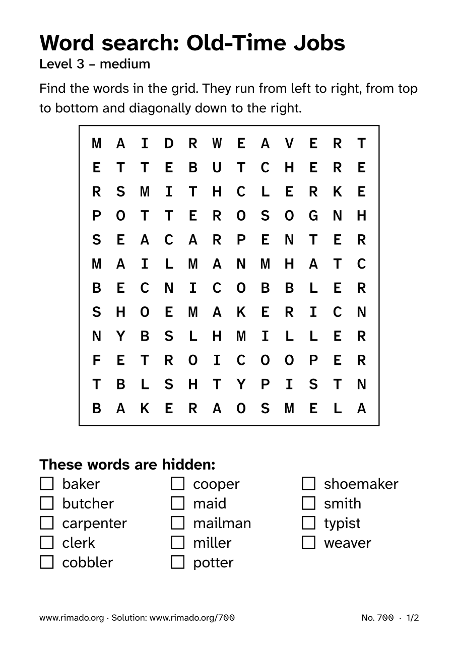 Preview of the printed page: Word search “Old-Time Jobs”, no. 700