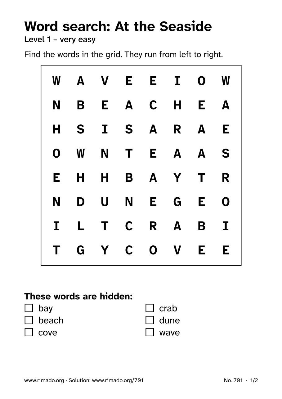 Preview of the printed page: Word search “At the Seaside”, no. 701