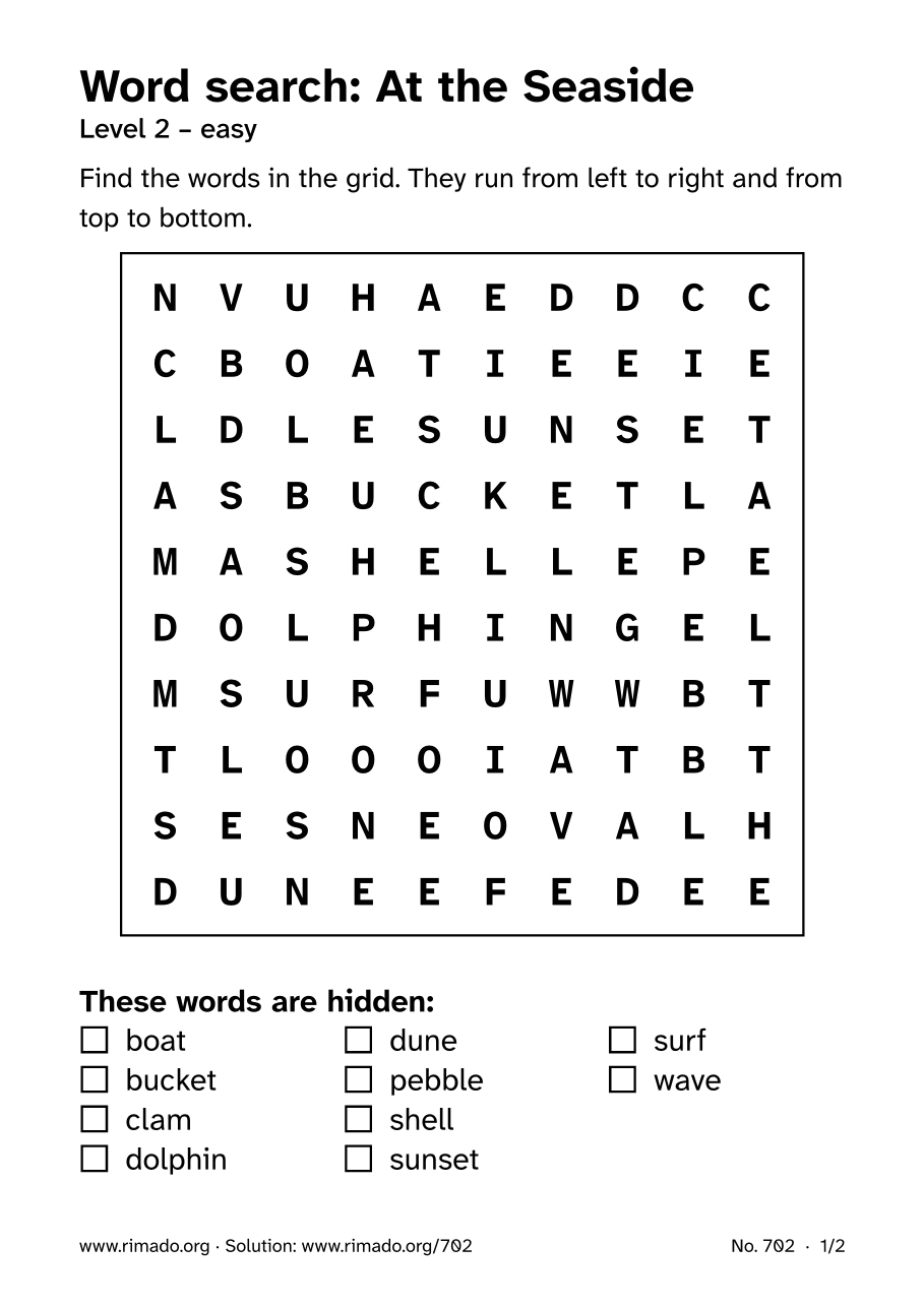 Preview of the printed page: Word search “At the Seaside”, no. 702