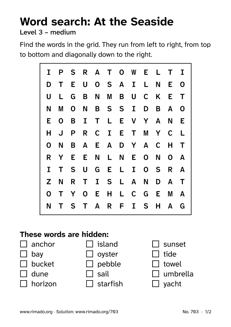 Preview of the printed page: Word search “At the Seaside”, no. 703