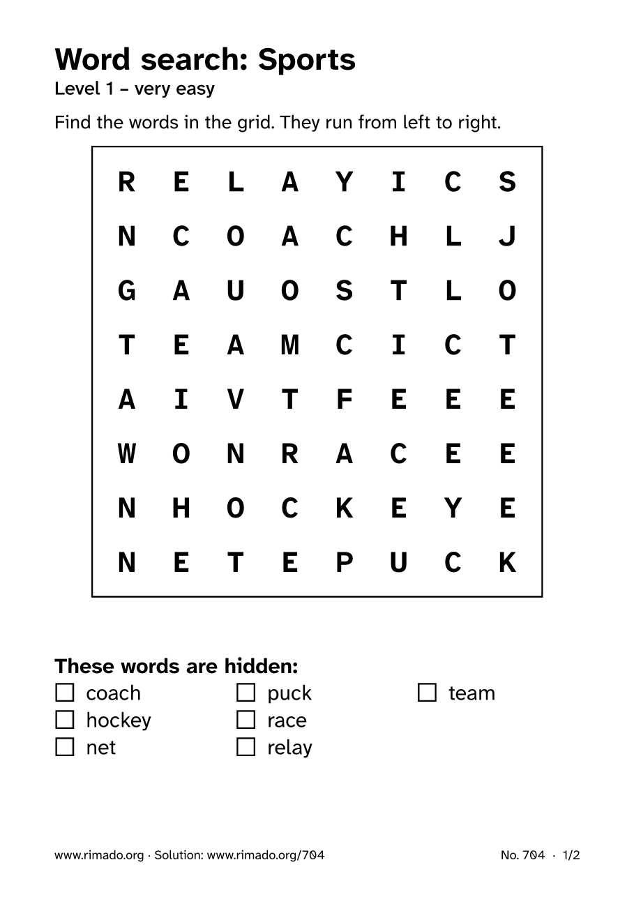Preview of the printed page: Word search “Sports”, no. 704