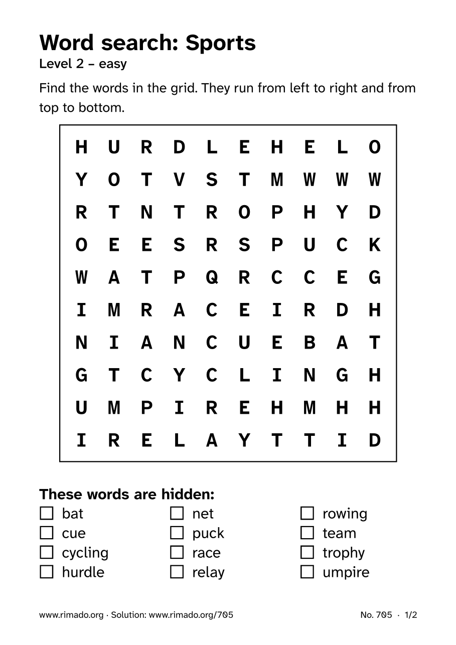 Preview of the printed page: Word search “Sports”, no. 705
