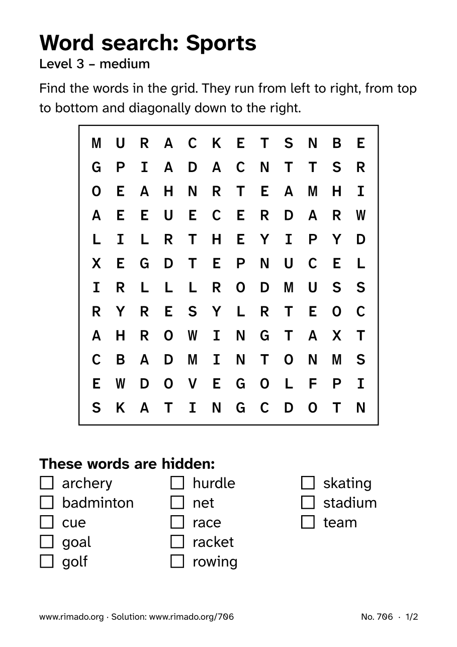 Preview of the printed page: Word search “Sports”, no. 706