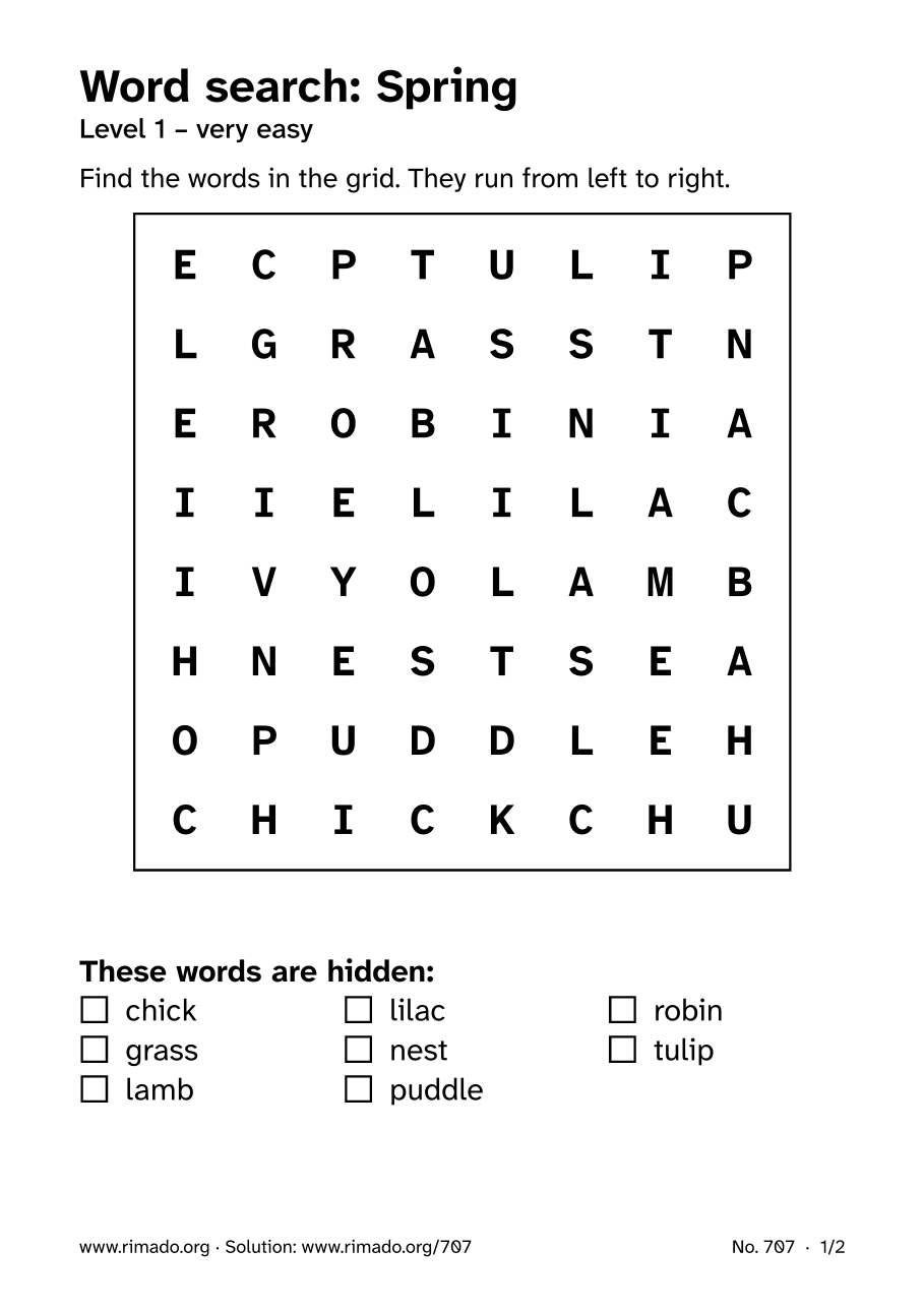 Preview of the printed page: Word search “Spring”, no. 707