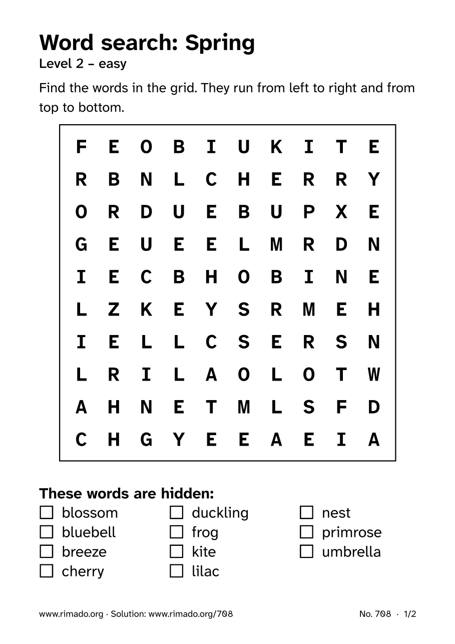 Preview of the printed page: Word search “Spring”, no. 708