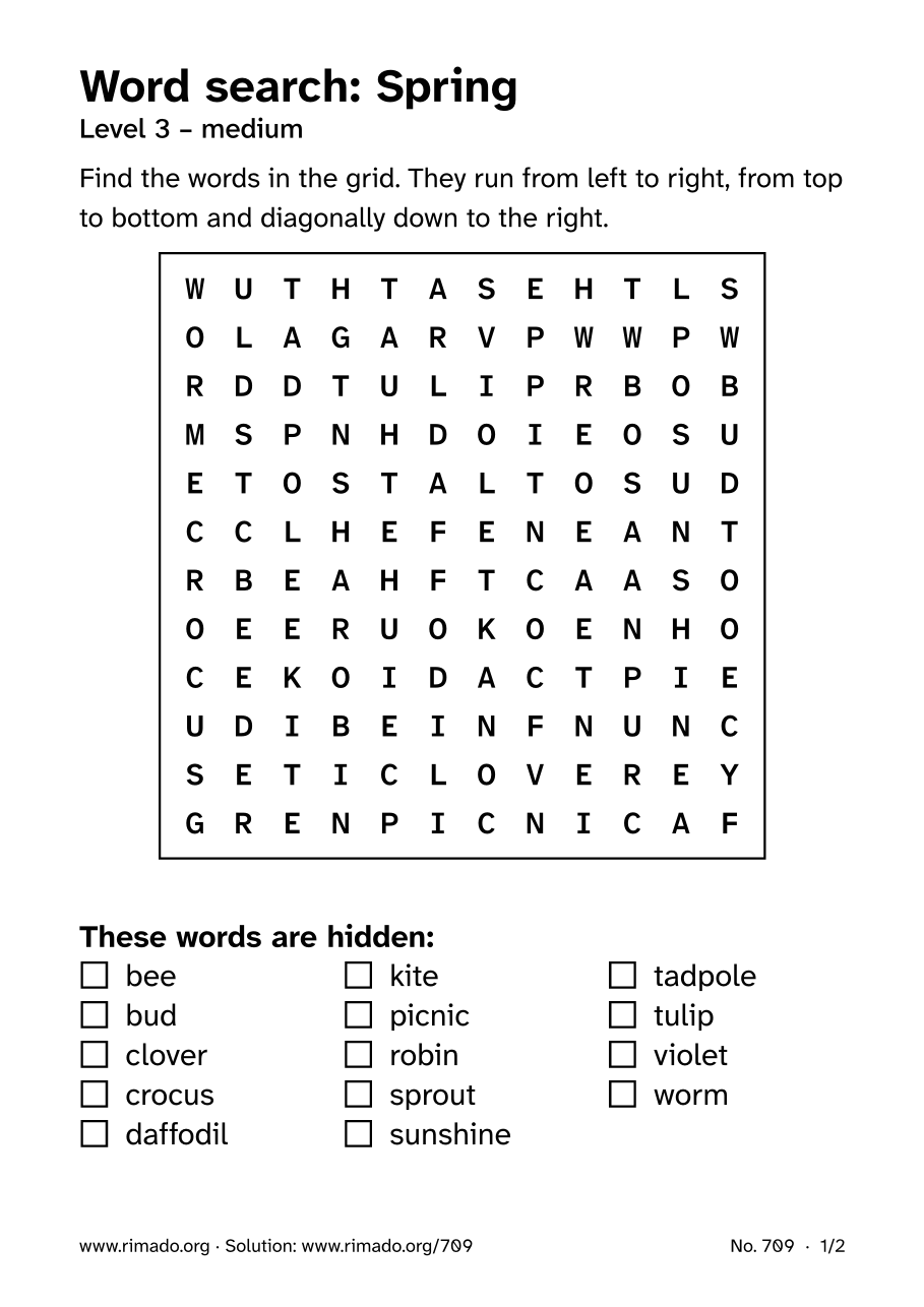 Preview of the printed page: Word search “Spring”, no. 709