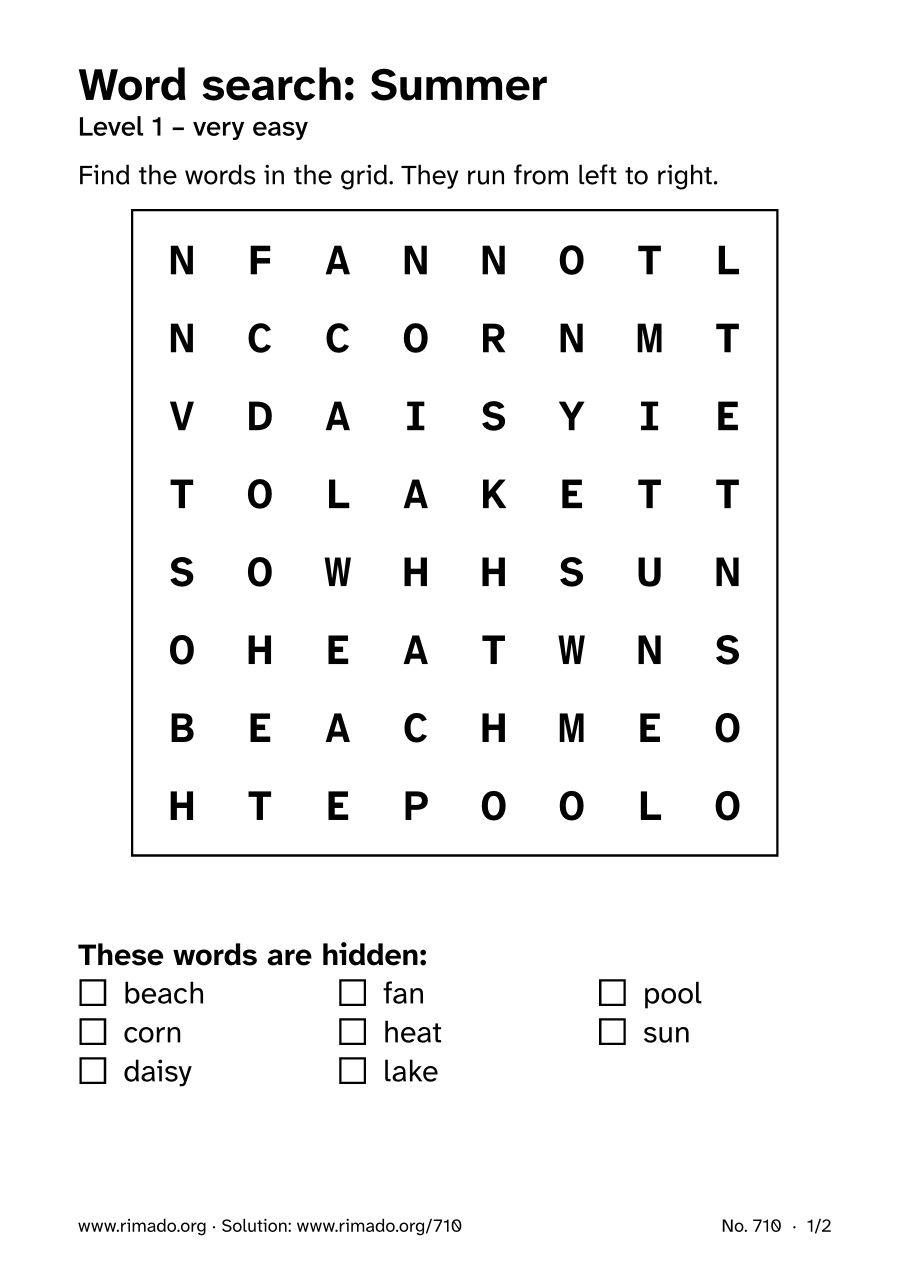Preview of the printed page: Word search “Summer”, no. 710