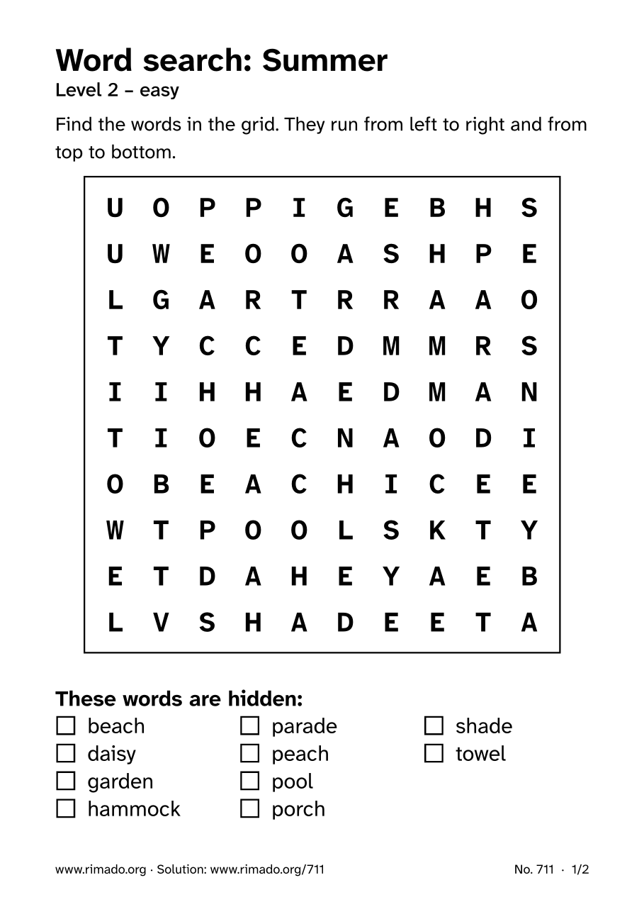 Preview of the printed page: Word search “Summer”, no. 711
