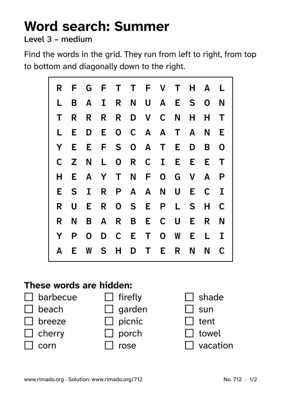 Preview of the printed page: Word search “Summer”, no. 712