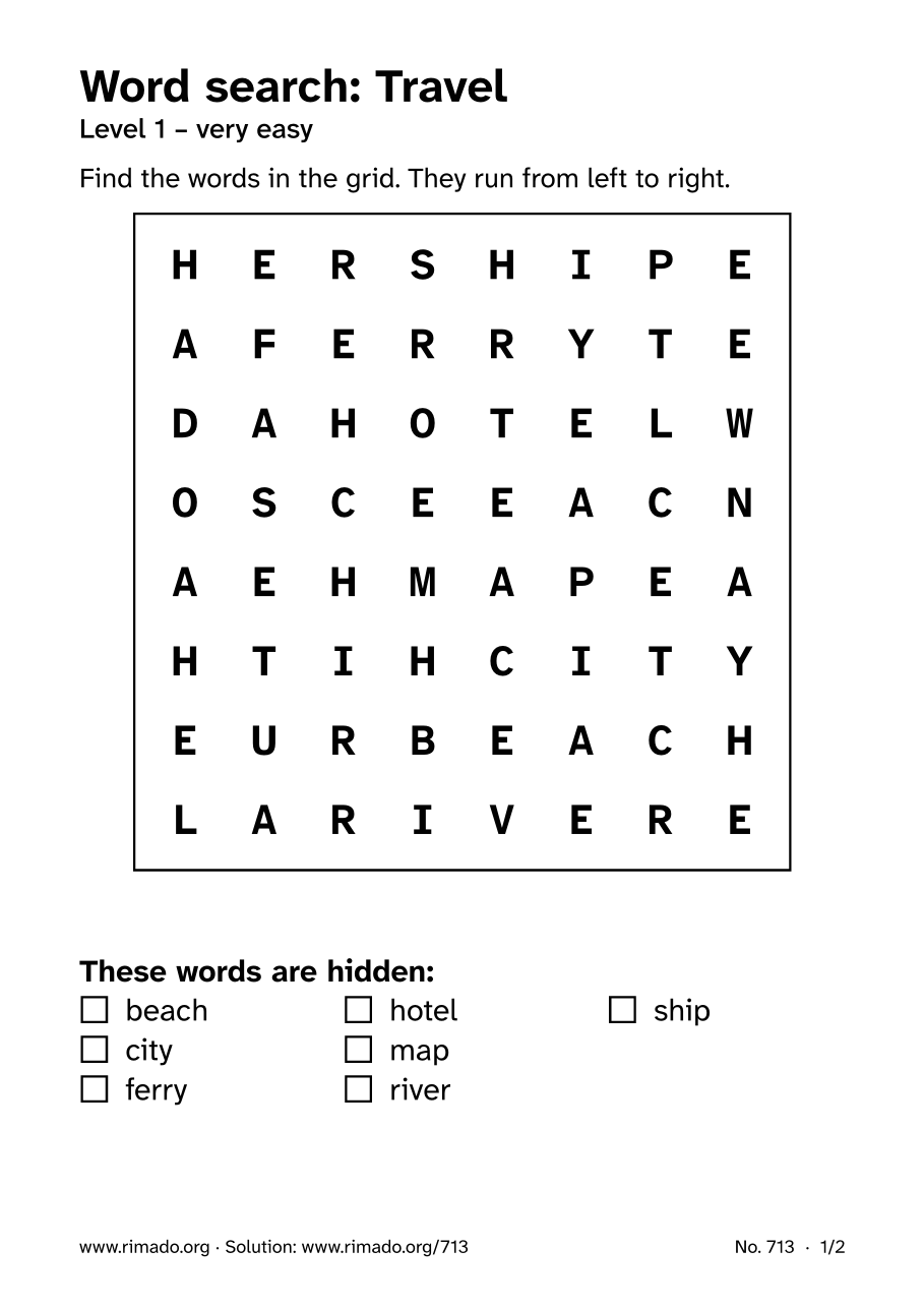 Preview of the printed page: Word search “Travel”, no. 713