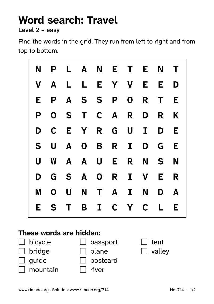Preview of the printed page: Word search “Travel”, no. 714