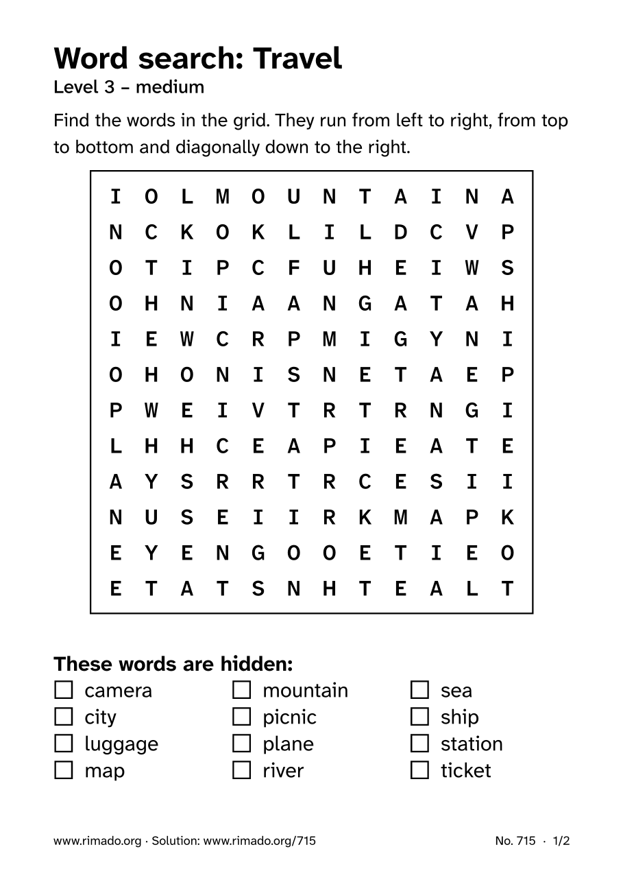Preview of the printed page: Word search “Travel”, no. 715
