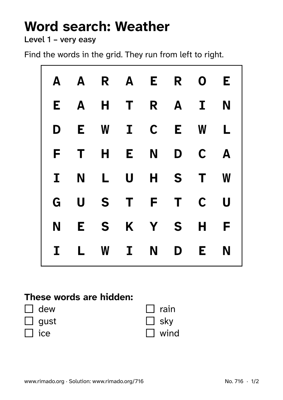 Preview of the printed page: Word search “Weather”, no. 716