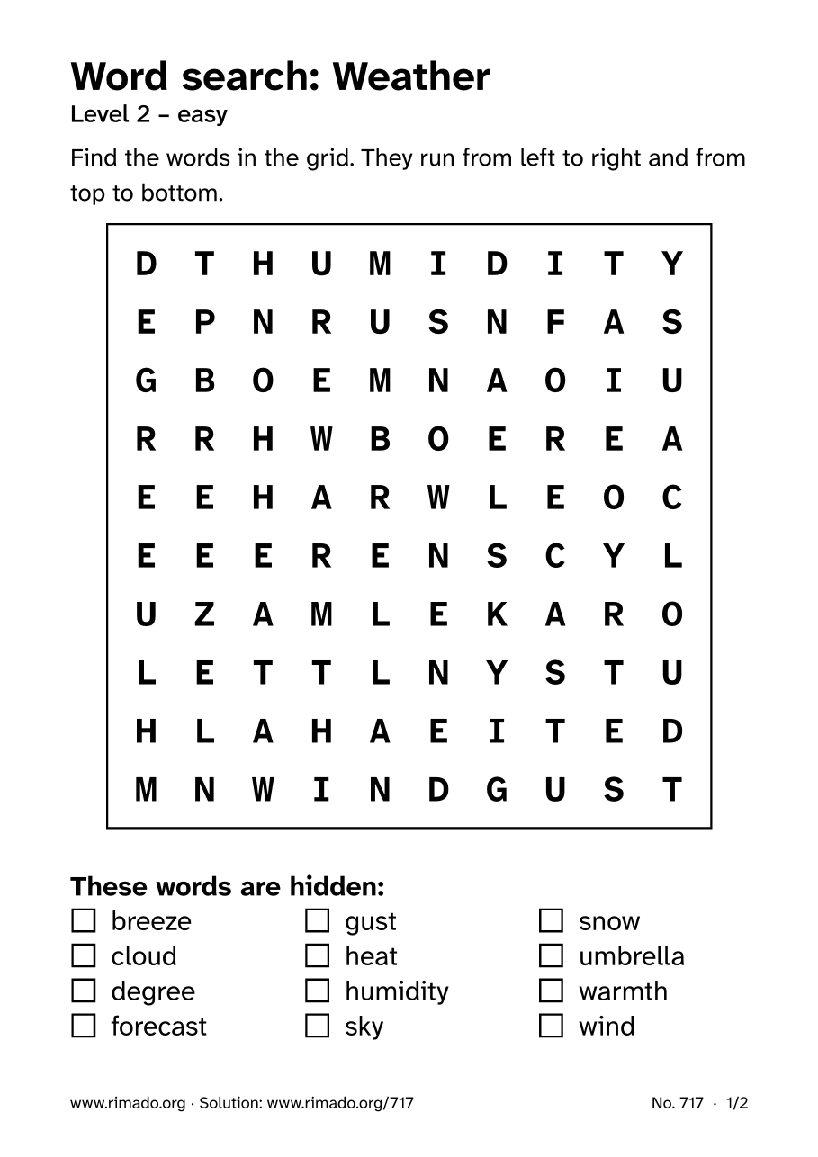 Preview of the printed page: Word search “Weather”, no. 717