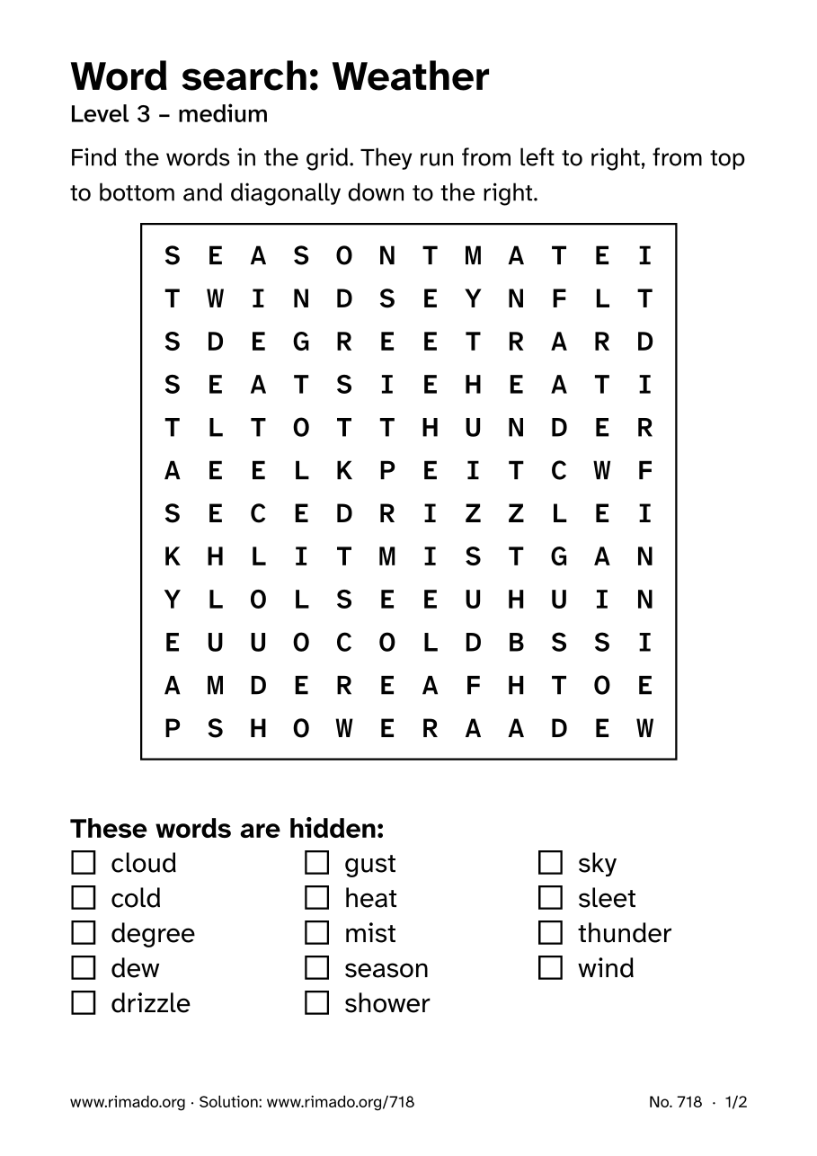 Preview of the printed page: Word search “Weather”, no. 718