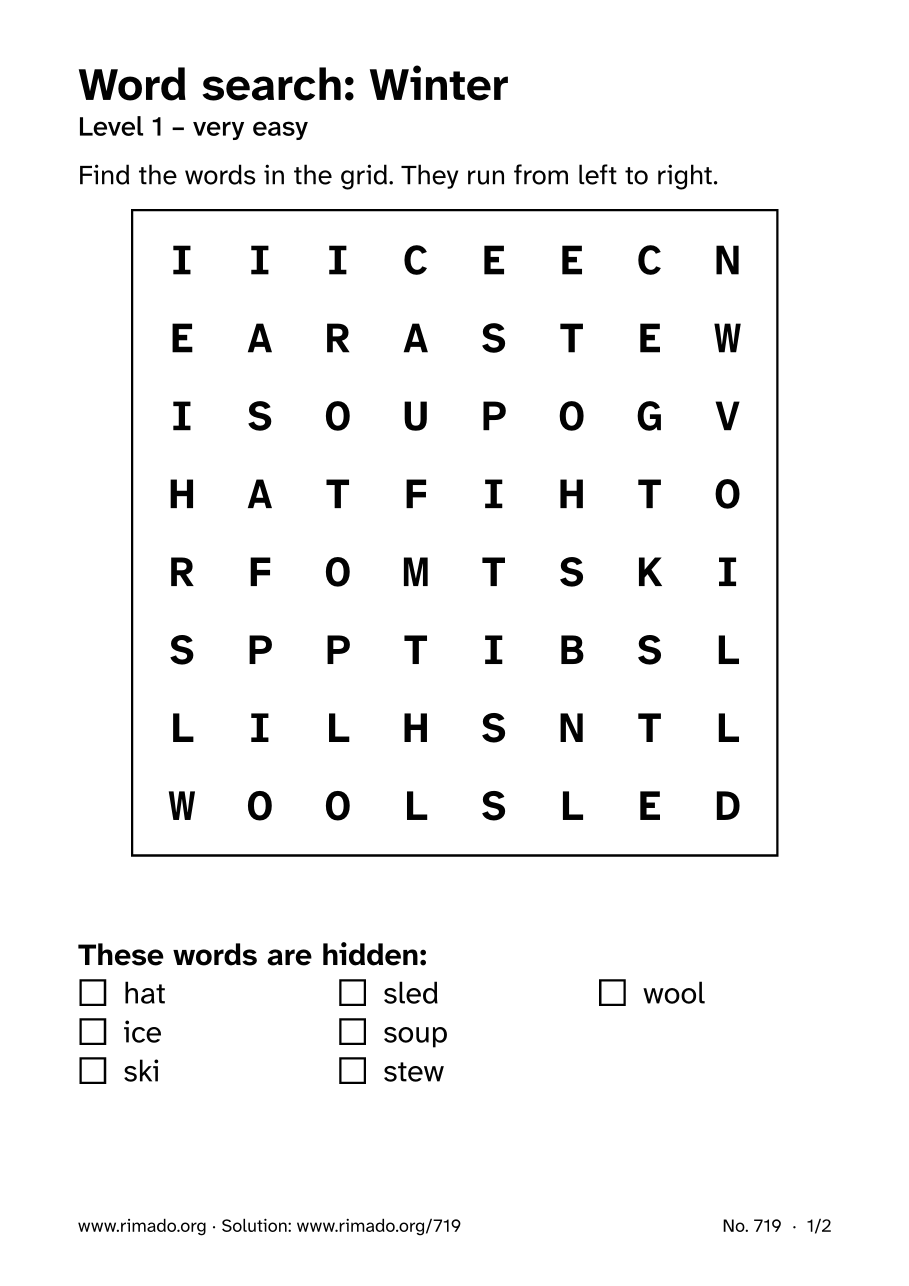 Preview of the printed page: Word search “Winter”, no. 719