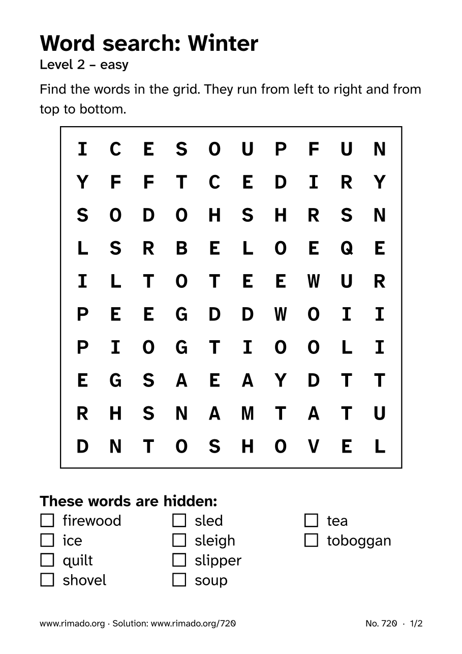 Preview of the printed page: Word search “Winter”, no. 720
