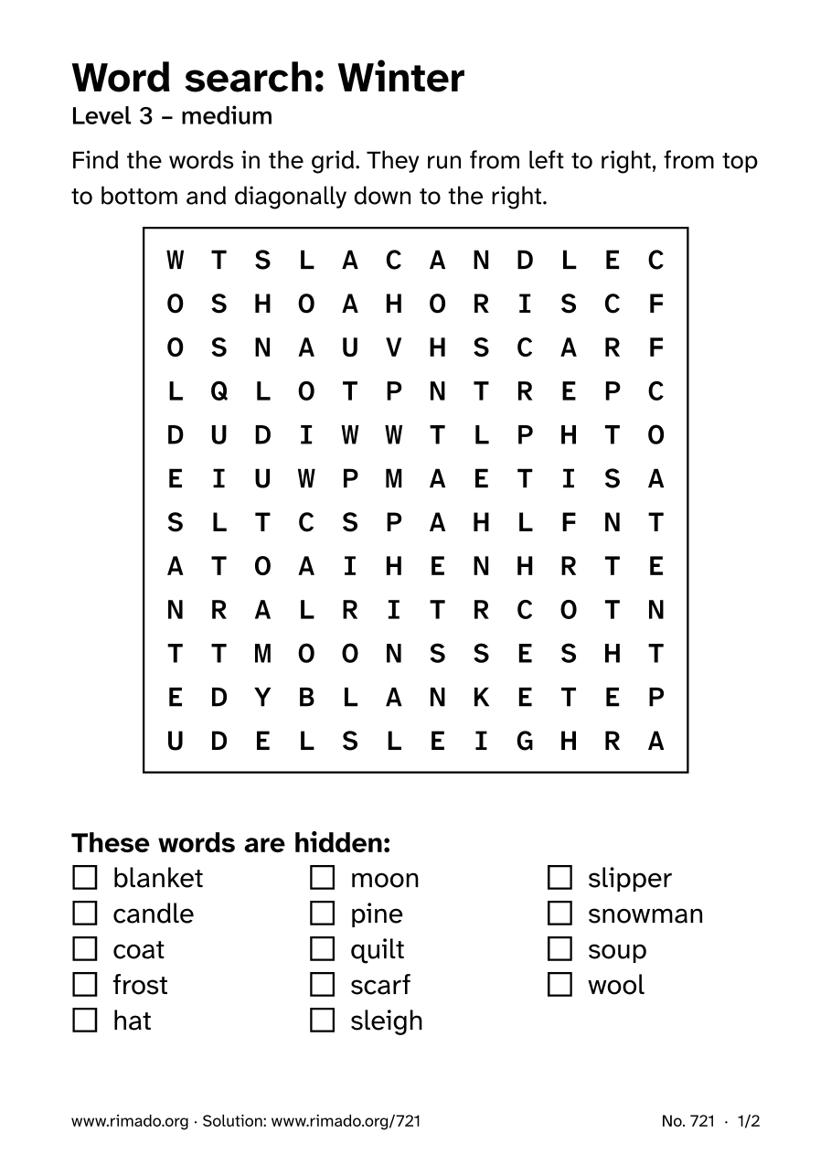 Preview of the printed page: Word search “Winter”, no. 721