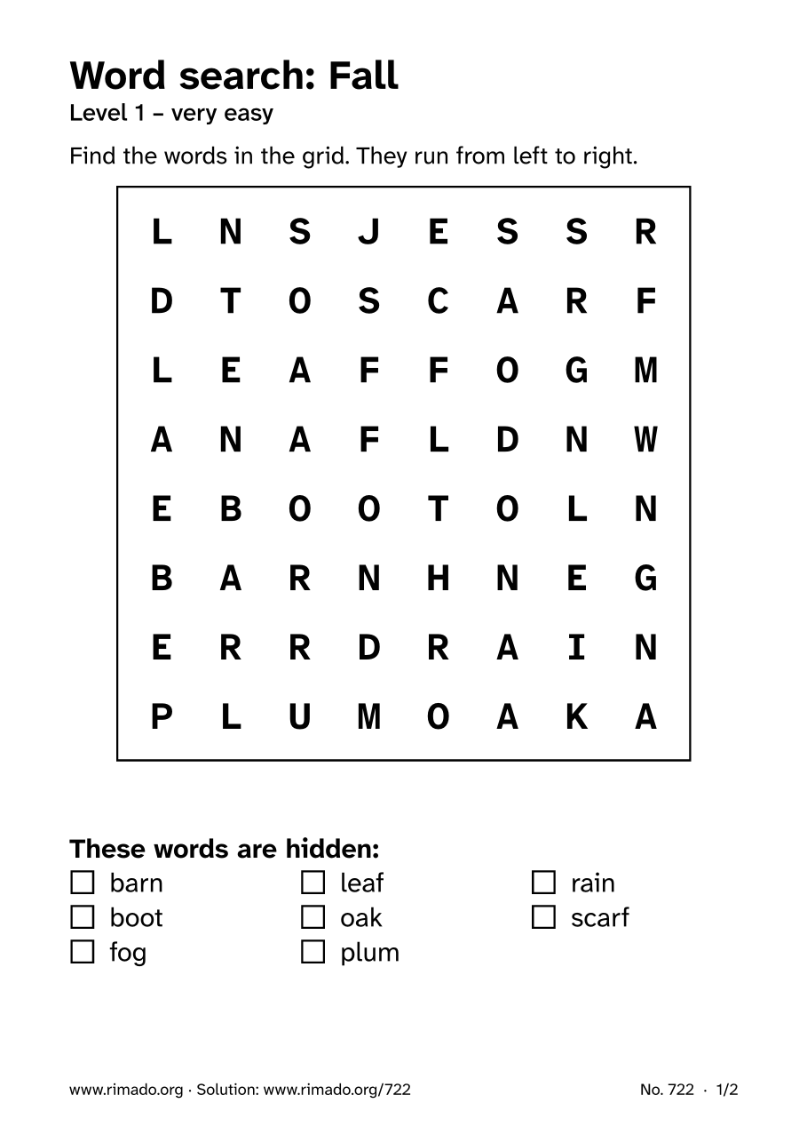 Preview of the printed page: Word search “Fall”, no. 722