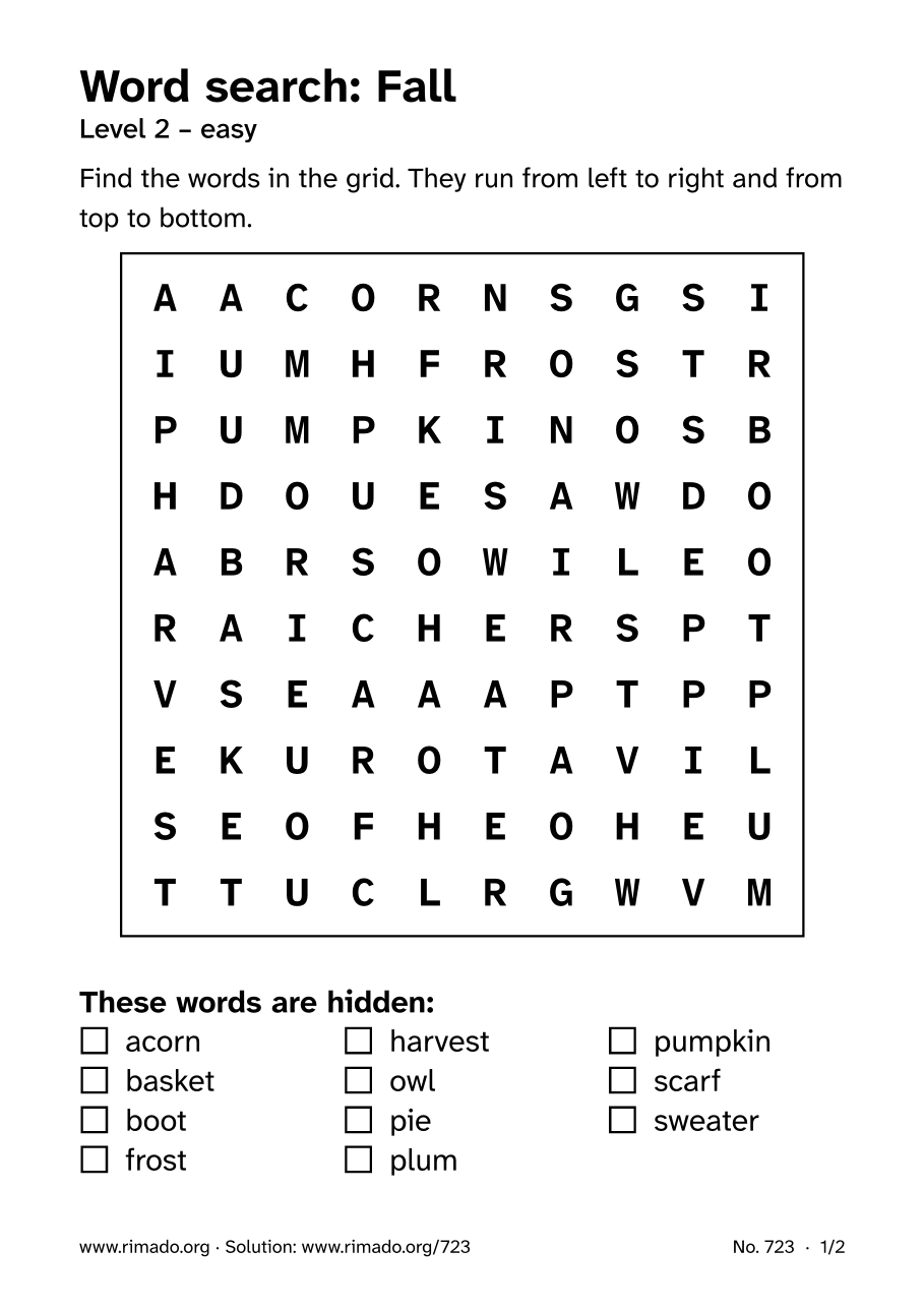 Preview of the printed page: Word search “Fall”, no. 723