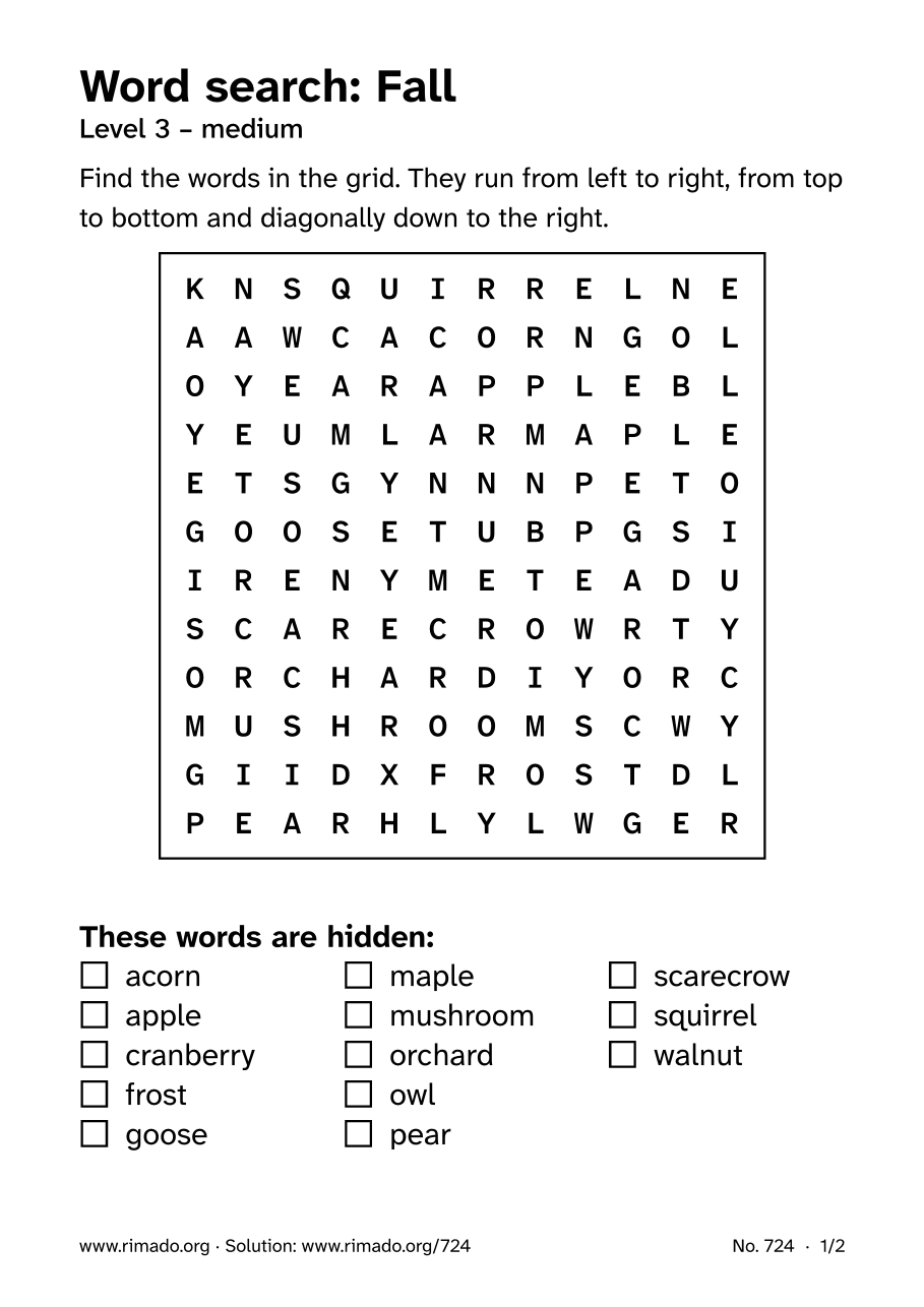 Preview of the printed page: Word search “Fall”, no. 724