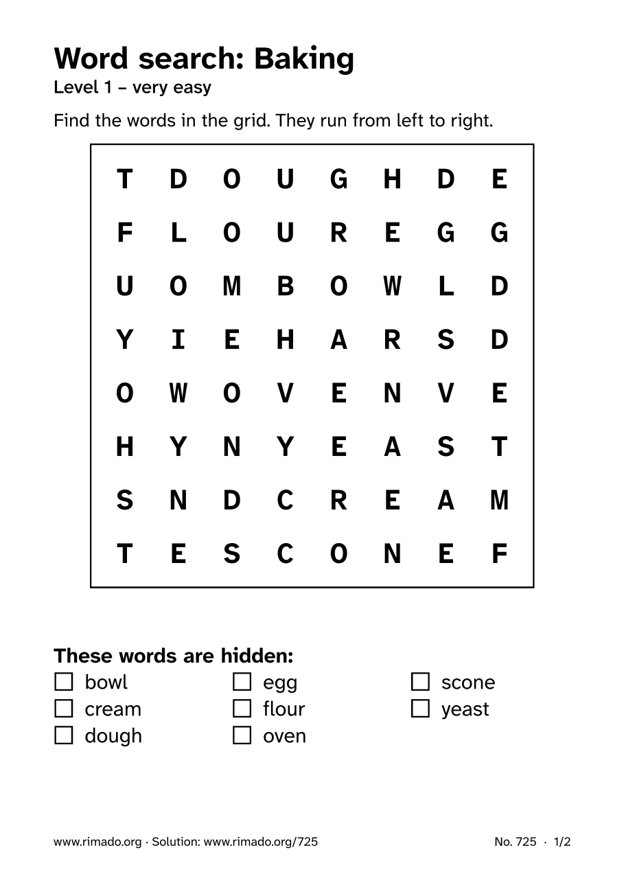 Preview of the printed page: Word search “Baking”, no. 725