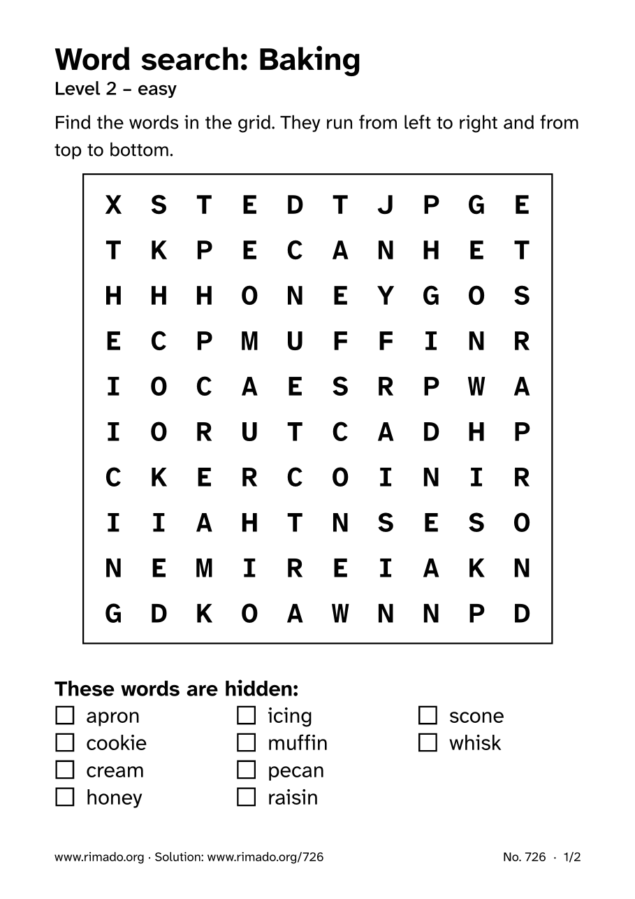 Preview of the printed page: Word search “Baking”, no. 726