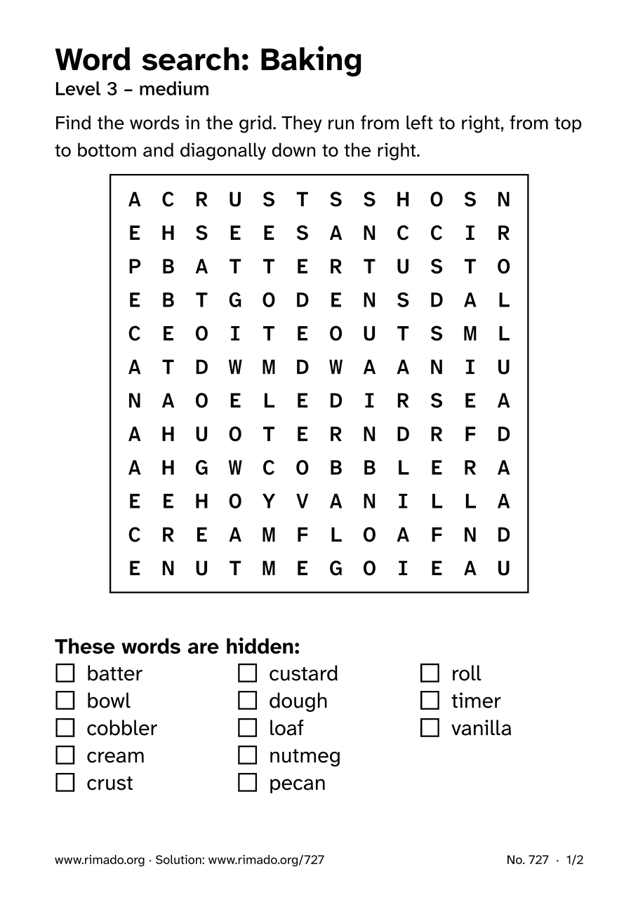 Preview of the printed page: Word search “Baking”, no. 727
