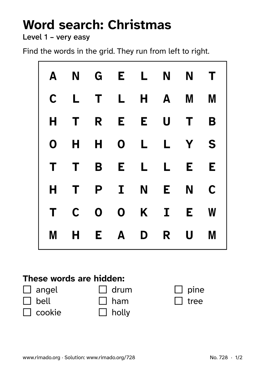 Preview of the printed page: Word search “Christmas”, no. 728
