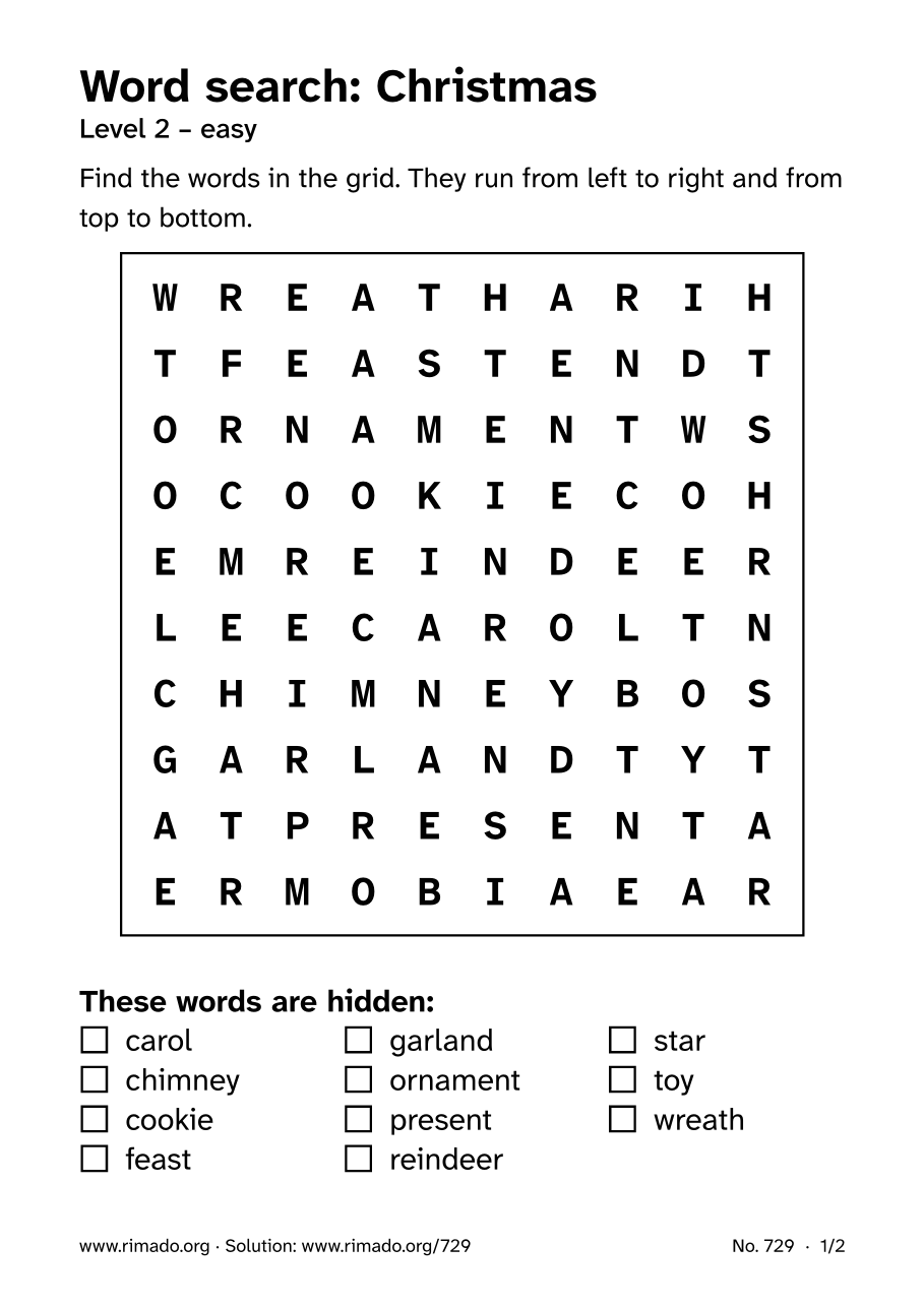 Preview of the printed page: Word search “Christmas”, no. 729