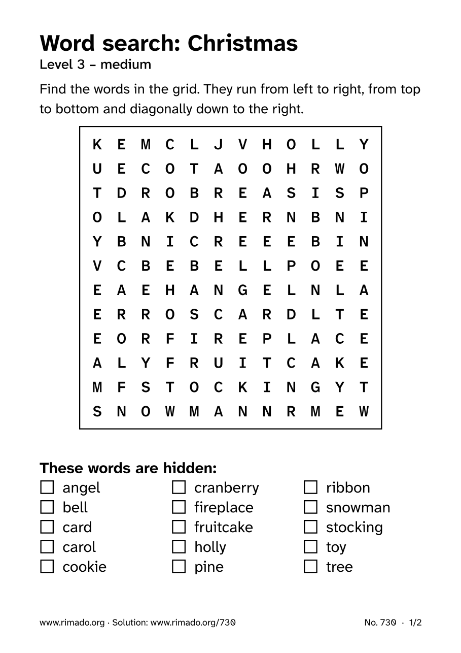 Preview of the printed page: Word search “Christmas”, no. 730