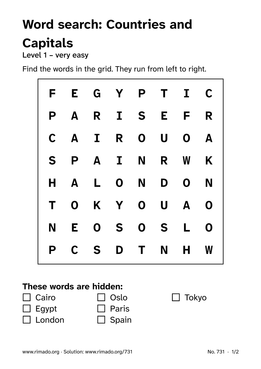 Preview of the printed page: Word search “Countries and Capitals”, no. 731