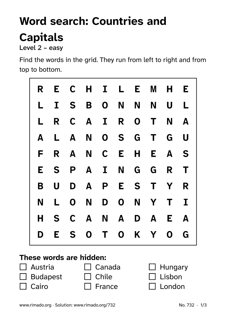 Preview of the printed page: Word search “Countries and Capitals”, no. 732