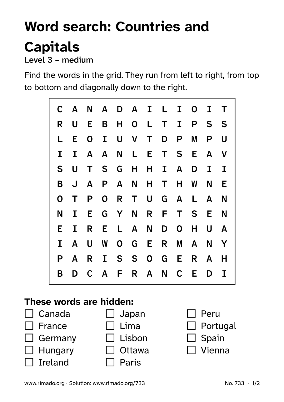 Preview of the printed page: Word search “Countries and Capitals”, no. 733