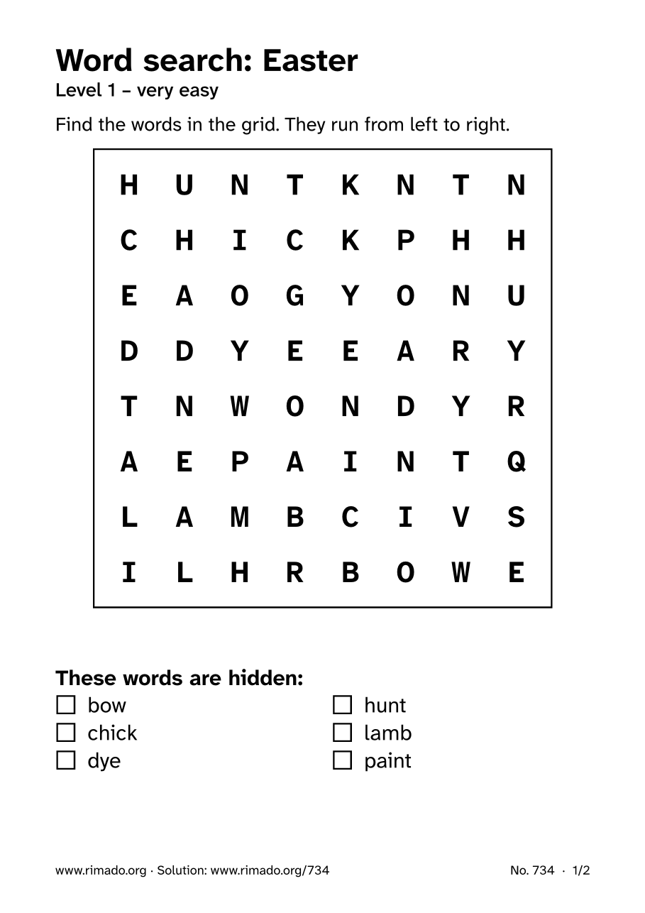Preview of the printed page: Word search “Easter”, no. 734