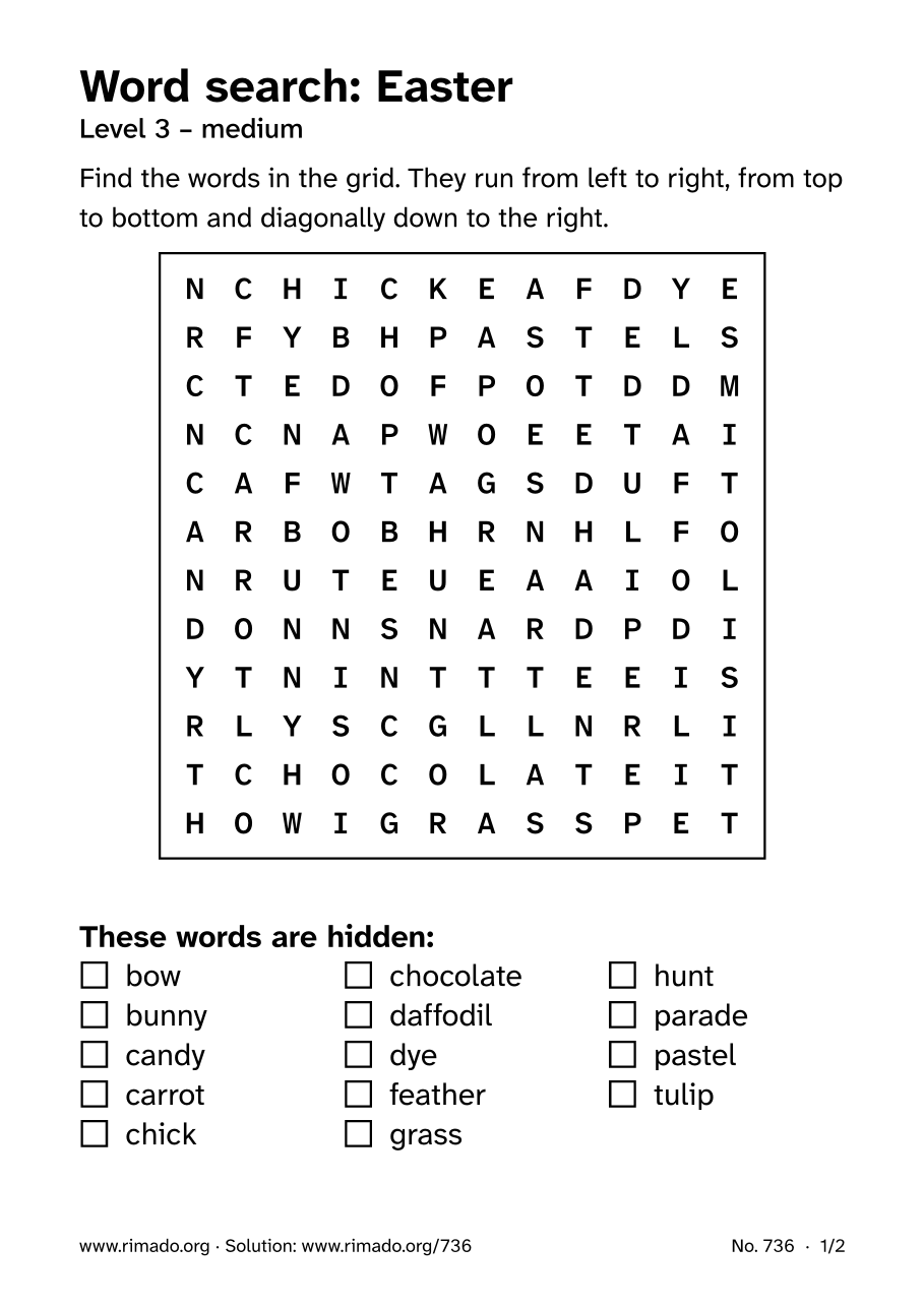 Preview of the printed page: Word search “Easter”, no. 736