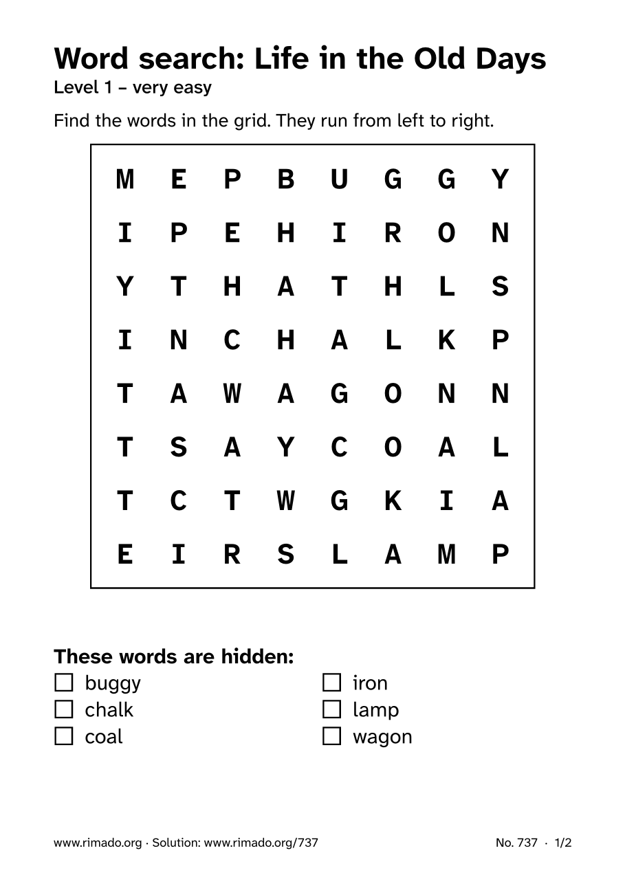 Preview of the printed page: Word search “Life in the Old Days”, no. 737