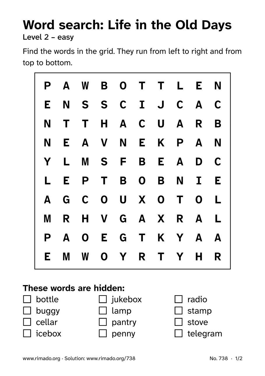 Preview of the printed page: Word search “Life in the Old Days”, no. 738