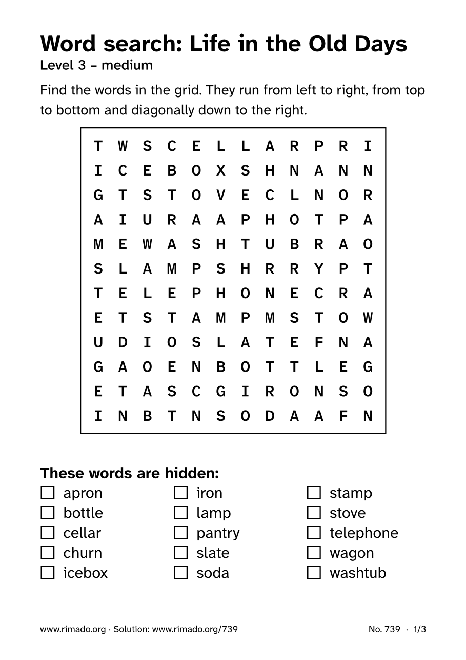 Preview of the printed page: Word search “Life in the Old Days”, no. 739