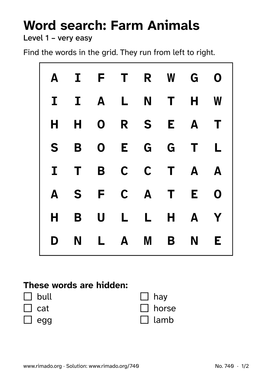 Preview of the printed page: Word search “Farm Animals”, no. 740