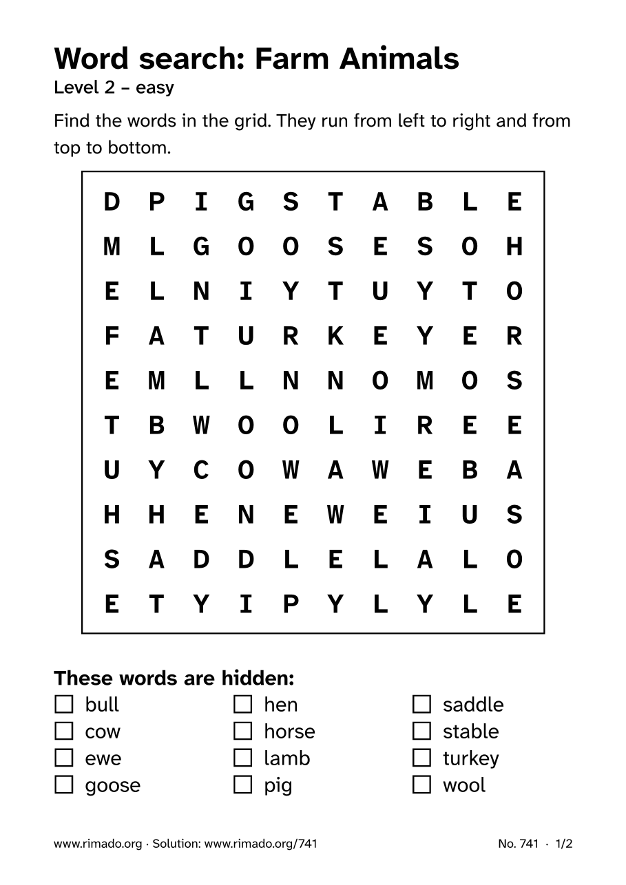 Preview of the printed page: Word search “Farm Animals”, no. 741