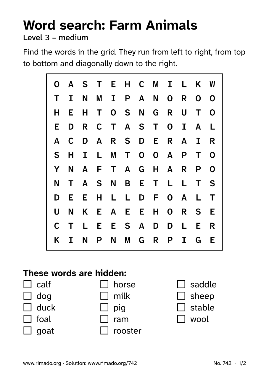 Preview of the printed page: Word search “Farm Animals”, no. 742
