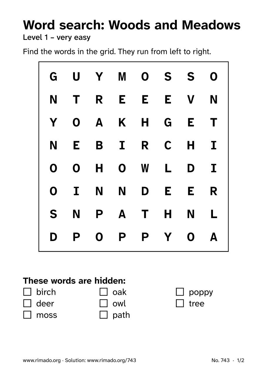 Preview of the printed page: Word search “Woods and Meadows”, no. 743