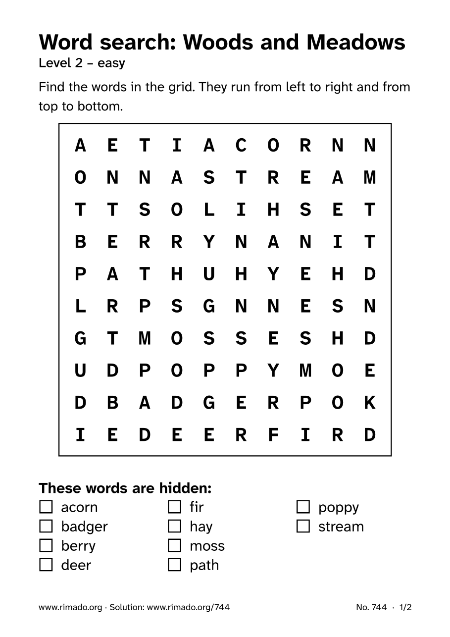 Preview of the printed page: Word search “Woods and Meadows”, no. 744