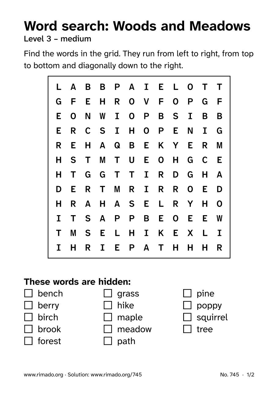 Preview of the printed page: Word search “Woods and Meadows”, no. 745