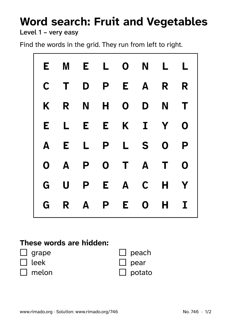Preview of the printed page: Word search “Fruit and Vegetables”, no. 746